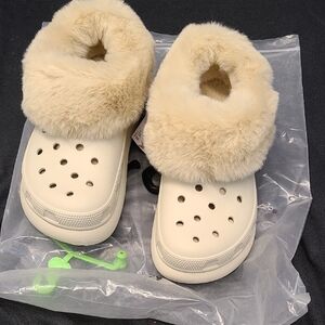 CROCS Cream Fuzzy Mules Clog Furever Brand New